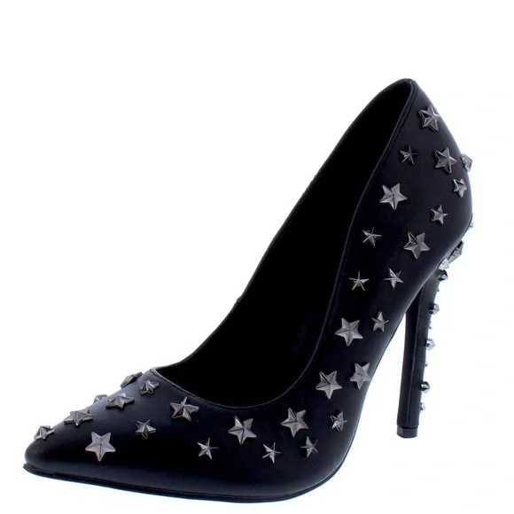 Black Vegan Leather Crystal Embellished Pointed Toe High Heel Stiletto Pump - Picture 1 of 4